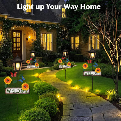 Lewondr Solar Garden Lights Butterfly, 37.4 Inch Solar Lamp Post Light with Welcome Sign & Butterflies, Outdoor Waterproof Solar Stake Lights for Yard Porch Patio Pathway Gardening Gifts, 2 Pack