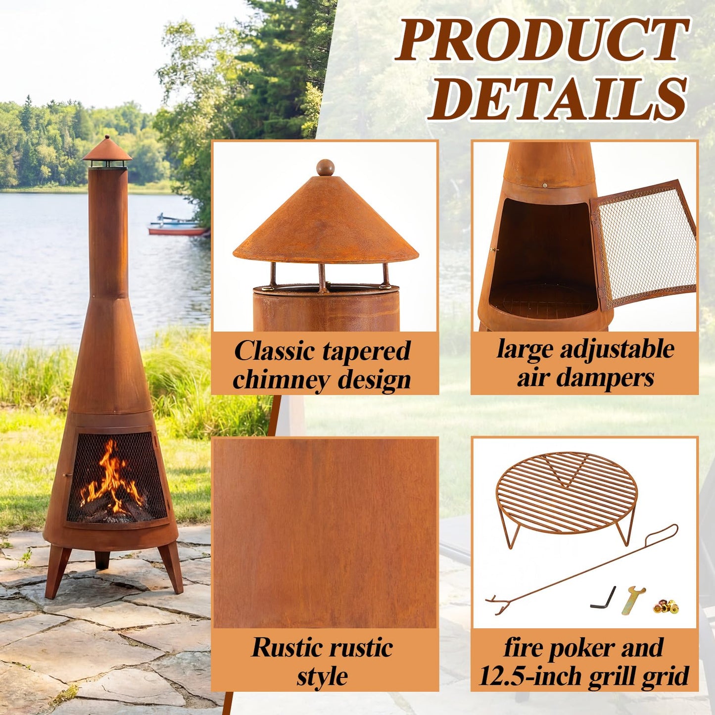 Ferrochef 70 Inch Country Outdoor Chiminea Fireplace Heavy-Duty Steel Wood-Burning Chiminea Fire Pit with Wire Mesh Cover