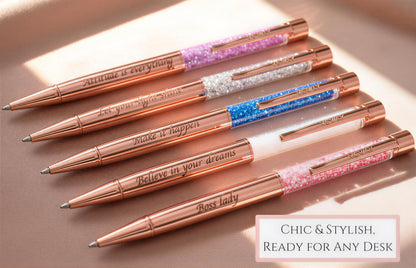 Veway - Luxury Pens for Women, 5 Glitter Rose Gold Writing Pens, Exclusive Pen Sets for Women Gift, Refillable Ballpoint Gift Set for Teachers, Executives & Special Occasions
