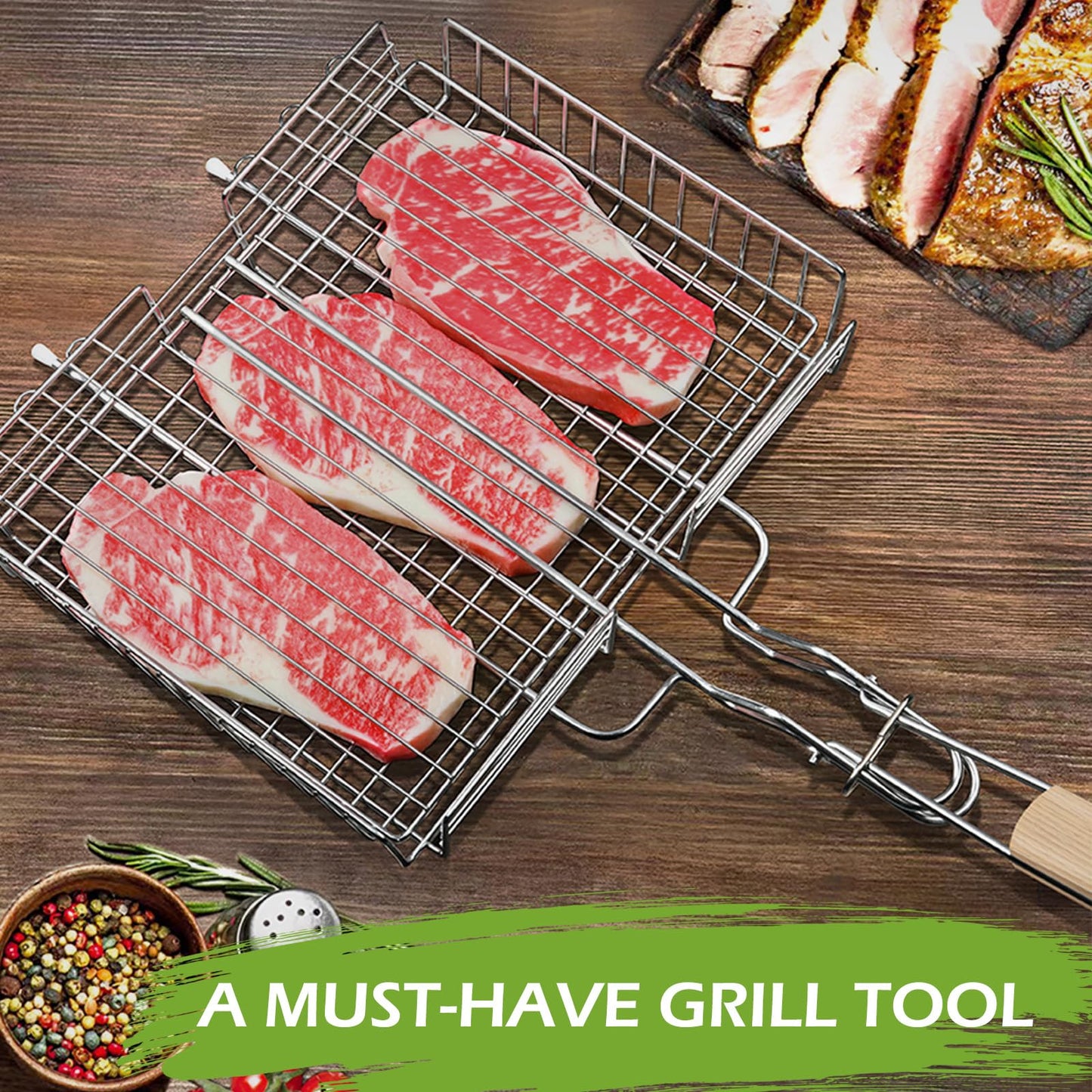 DOUBLE TWO - Stainless Steel Grill Basket, Grilling Baskets for Outdoor Grill, for Meat, Fish, Vegetable, BBQ Accessory, With Height Adjustable Cover & Detachable Handle, Easy to use, 1Pcs