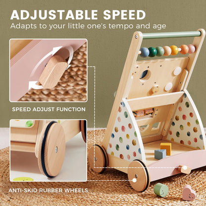 Tiny Land Wooden Baby Walker with Adjustable Speed, Montessori Activity Push Walker Toy for Toddlers, Baby Gift Parents Love for Boys & Girls(Morandi)