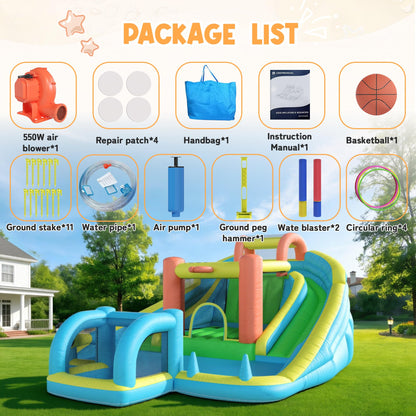 HOMMOW Inflatable Bounce House with Double Slide, Bouncy Castle for Kids 3-12 with Blower, Water Cannon, Football Net, Jumping, Climbing Wall, Basketball Hoop, Backyard Water Park for Kids
