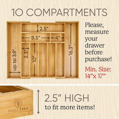 Night Tree 2.5” Extra Deep Silverware Drawer Organizer with Adjustable Dividers – Expandable Bamboo Flatware Tray for Kitchen, Reinforced Wood Cutlery Holder (14"-21.6" Wide)