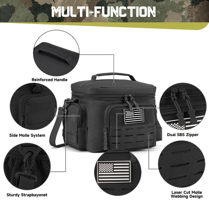 QT&QY Tactical Lunch Bag for mens Military heavy duty lunch box work Leakproof insulated Durable Thermal Cooler Bag for Adult Meal for Office Camping Picnic Pail MOLLE Webbing Black