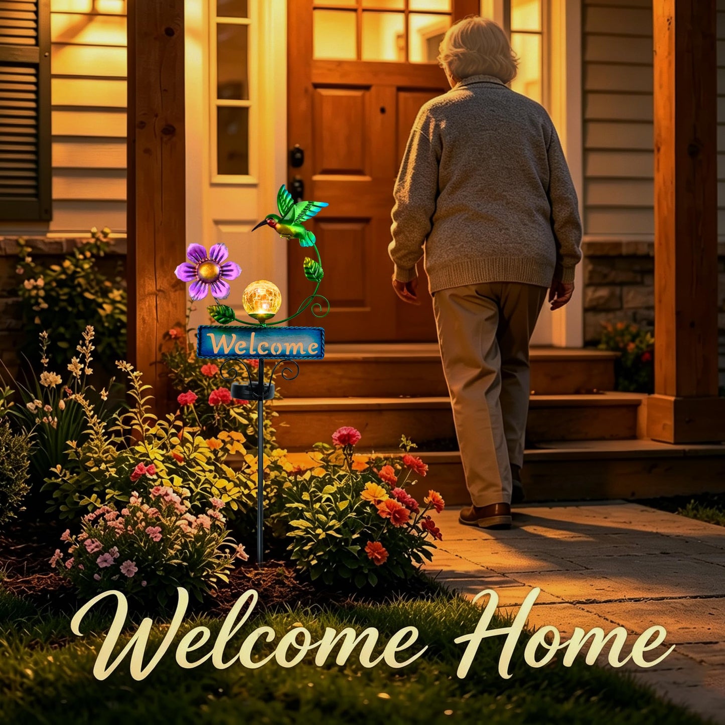 FOMOMDI Hummingbird Garden Decorations for Outside, Solar Waterproof Stake Lights with Welcome Sign for Yard Lawn Patio Pathway, Warm Gifts for Mom Grandma Housewarming (Hummingbird)