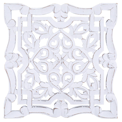 Woodify Hand-Carved Wooden Wall Décor – Set of 2, 12" x 12" Decorative Wood Panels, Floral Design, White Antique Finish, Wall Art for Living Room & Home Décor