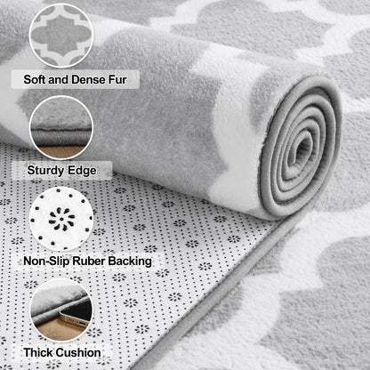 Jelymark Shag Moroccan Area Rug for Living Room, 8x10 Feet Modern Geometric Rug, Fluffy Distressed Faux Wool Floor Carpet, Memory Foam Rug for Bedroom Nursery Kids Room Home Decor, Light Grey/White