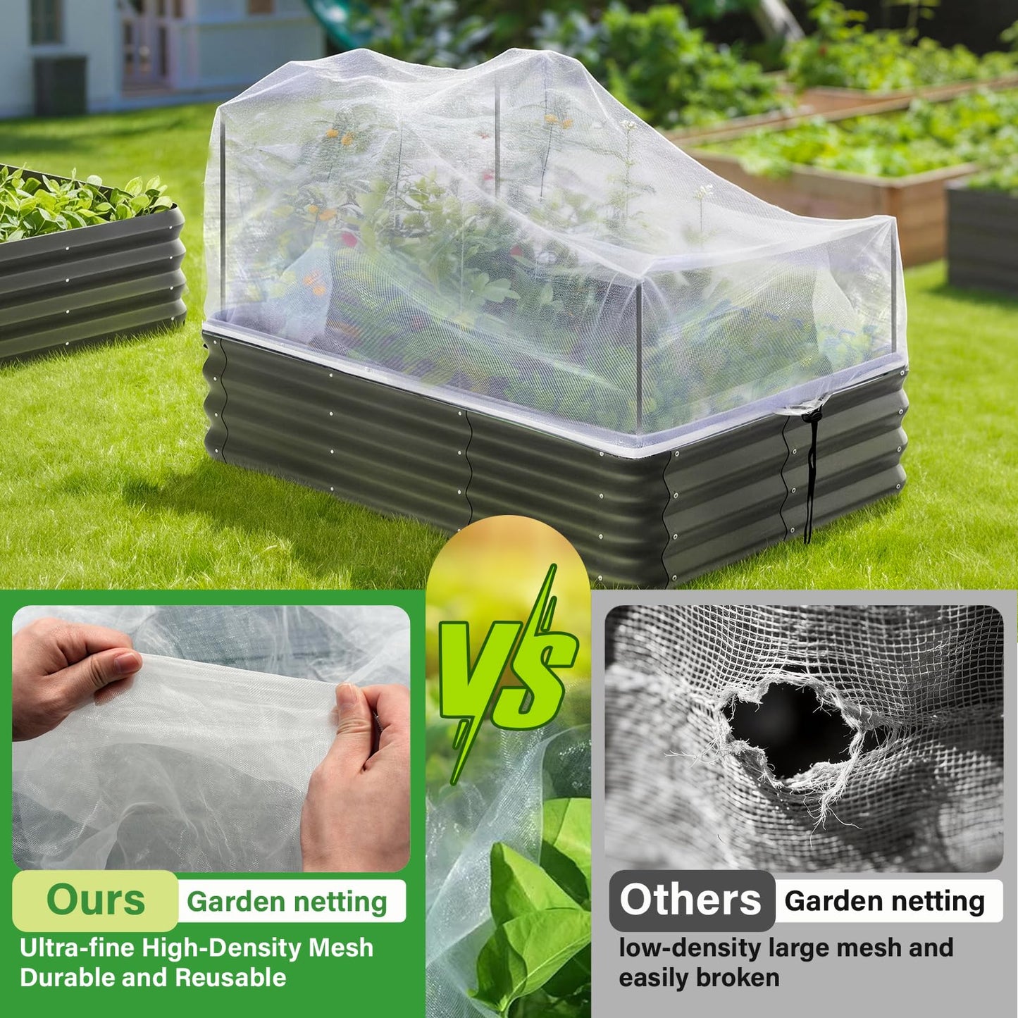 KEOHOL 3-Pack Garden Netting for Raised Beds, 4.9×2.3×1.4 Ft Rectangular Plant Covers with Ultra-fine Mesh, UV Protected HDPE Plant Netting for Vegetables Flowers Fruits