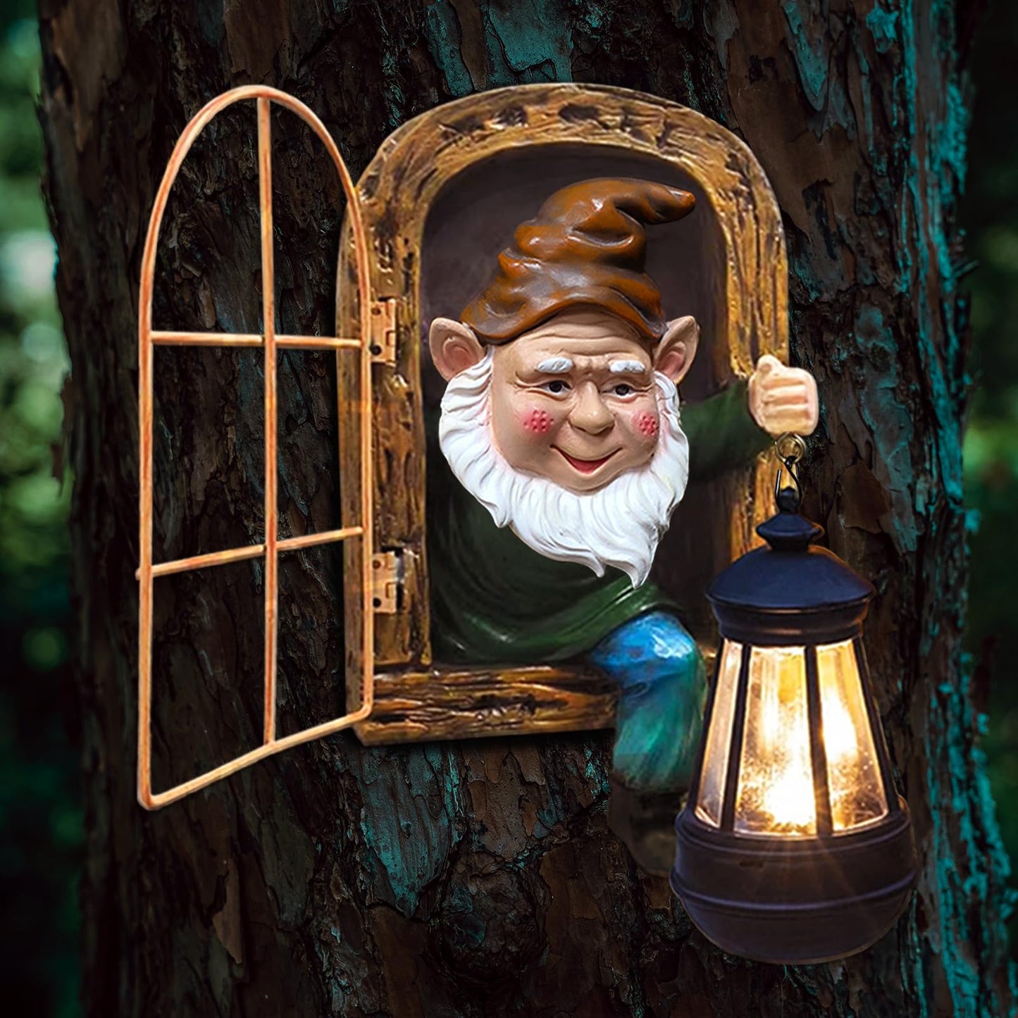 Fairy Garden Statues Gnomes Solar Lantern - Halloween Elf Out The Door Tree Hugger Figurines Fence Wall Yard Art Home Decor Outdoor Tree Face Sculpture, Ideal Thanksgiving Decorations