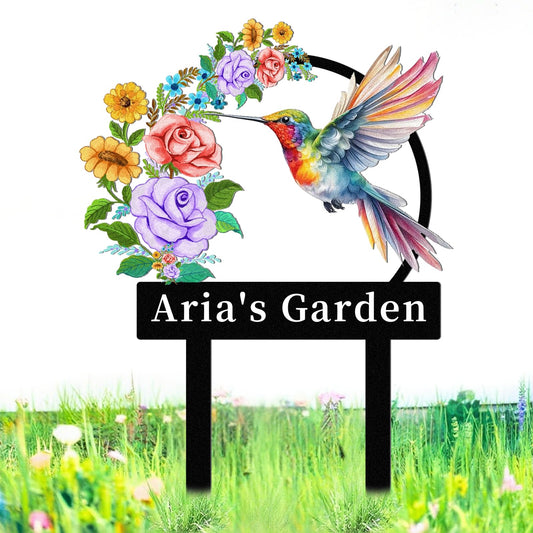 Personalized Garden Signs for Outside, Custom Metal Sign with Stake, Garden Decor Outdoor with Hummingbird Flowers, Yard Art Patio Backyard Lawn Decor, Gardening Gifts for Gardeners (COLOR1)