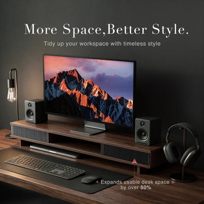 UniAbode Dual Monitor Riser with Sliding Doors & Storage - 42.5" Extra Wide Dual Monitor Stand for Desk Organizer,Desk Shelf for Office & Gaming - Acrylic Wave Design,110 lbs Capacity,Walnut