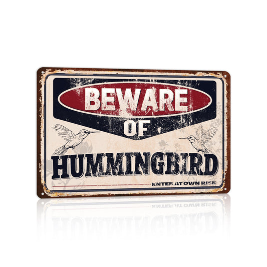 CHCdecor Vintage Funny Metal Tin Sign "Beware of Hummingbird" Wall Decor for Yard Garden Patio Bird Lovers 12x8 Inch