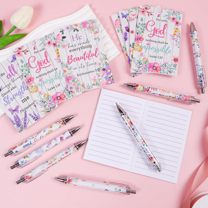Wxiben Christian Inspirational Gifts Bulk - 24PCS Bible Verse Pens Scripture Notebooks Floral Motivational Ballpoint Pens Set Positive Religious Easter Gift for Women Men Church Sunday School Teacher