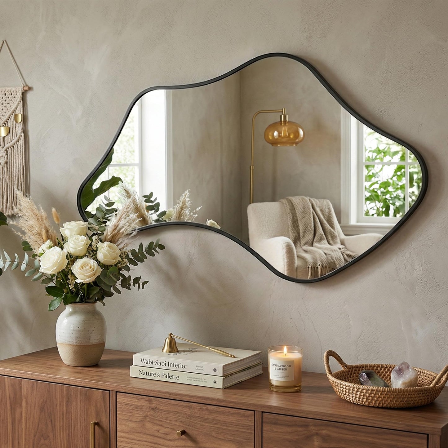 Fahomiss Asymmetrical Wall Mirror, Irregular Shaped Frameless Vanity Mirror, Modern Decorative Mirror for Entryway, Living Room, Bathroom (Black, 40" L x 24" W)