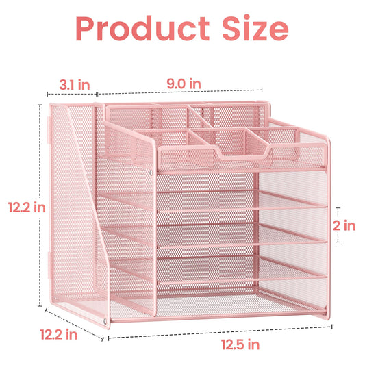 Lavatino Desk Organizer, 5-Tier Metal Mesh Paper Letter Tray with File Holder & 7 Flexible Dividers for Office or Home Desk Organizers and Accessories, Keep Workspace Supplies Neat & Organized, Pink