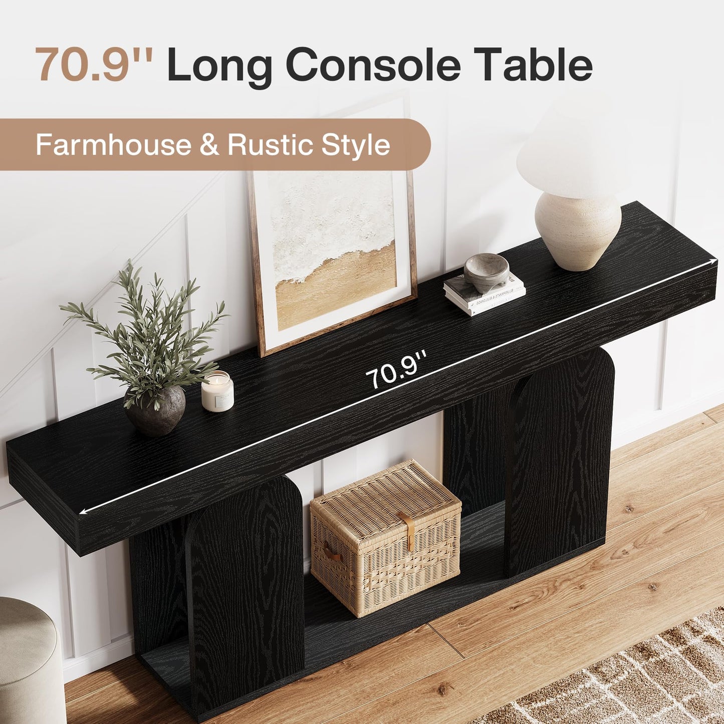 Tribesigns 70.9-Inch Extra Long Sofa Table, Farmhouse Console Tables with Wood Frame and Storage Shelf, 2-Tier Wood Table Behind Couch for Living Room, Hallway, Foyer, Black