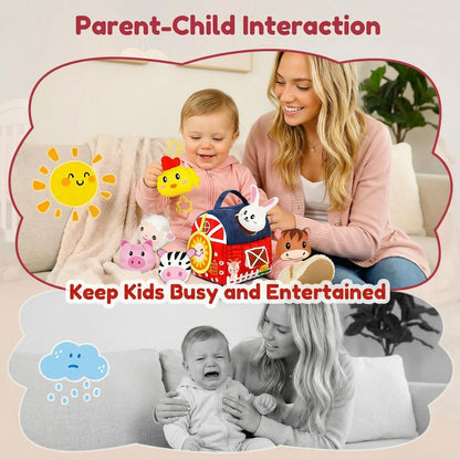 Baby Soft Toys 6-12 Months - Surprise Barn Stuffed Farm Animals House for Toddlers 1-3, Montessori Sensory Plush Toys for Infants, Rattle, Crinkle, Baby Learning Plush Toys for Babies Tummy Time