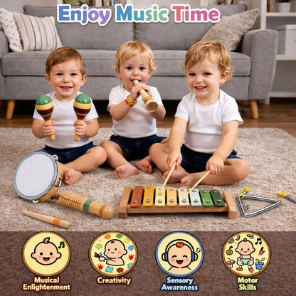 Baby Musical Instruments Set - Montessori Wooden Baby Musical Toys, Toddler Percussion Instruments Xylophone Maracas Tambourine for Toddlers 1-3, 1 2 3 Year Old Girls Boys Birthday Music Toys Gifts