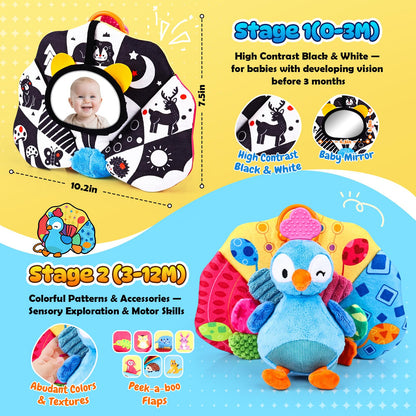 Baby Sensory Tummy Time Toys 0-3-6-12 Months, High Contrast Newborn Infant Peacock Toy, Washable Stuffed Animal Toy with Mirror Crinkle Rattle Teether,Baby Boy Girl Shower Gifts Easter Basket Stuffers