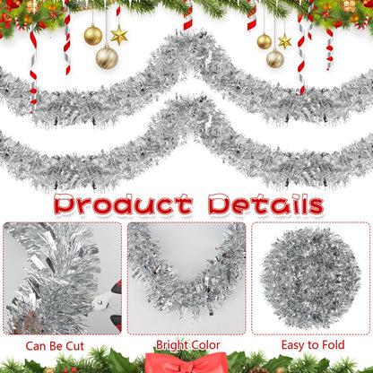 CCINEE Christmas Tinsel Garland, 50 Feet Silver Metallic Foil Hanging Tinsel Twist Garland for Xmas Tree Home Mantle Stair Fireplace Holiday Party Indoor Outdoor Christmas Decoration