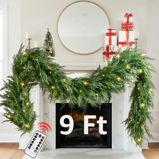 Christmas Cedar Garland Realistic with Lights - Cypress Decorations 9ft for Mantle Lighted Faux Pine Garlands for Xmas Home Decoration Indoor Stairs Railing Fireplace 9 Ft Outdoor Prelit Door Decor