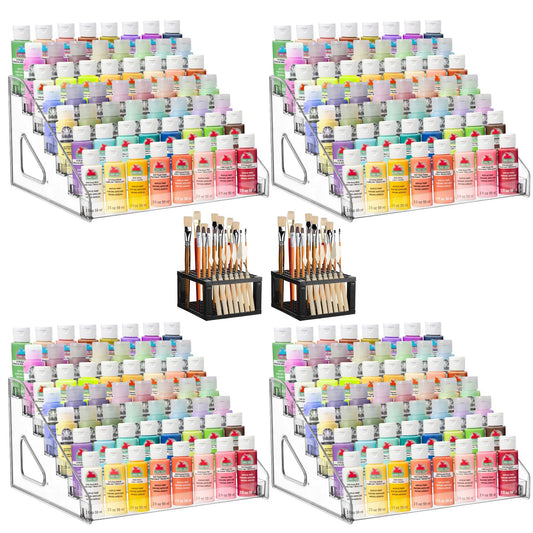 YEXEXINM 4 Pcs Clear Paint Organizer With 2 Pcs Paint Brush Holder,7 Layers Acrylic Paints Organizer Storage Rack,Craft Paints Organizers Rack
