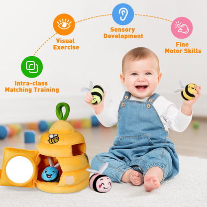 Sortnic Baby Toys 6-12 Months, Soft Beehive with 4 Sensory Bees, Map Pad, Rattle, Crinkle Paper, Squeaker, Mirror, Busy Montessori Toy for 0-3 Years Old, Infant Toys Baby Easter Basket Stuffers Gifts