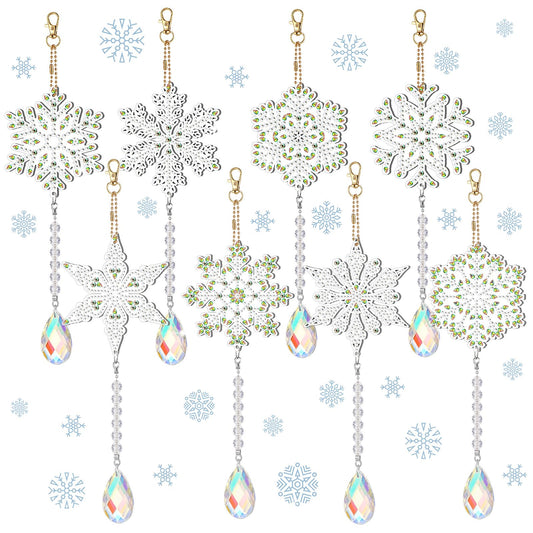 Geetery 8 Pcs Winter Diamond Art Painting Wind Chime Snowflake Diamond Art Suncatcher Kits Double Sided Art Kits with Crystal Pendant Hanging Ornament for Adults Home Decor