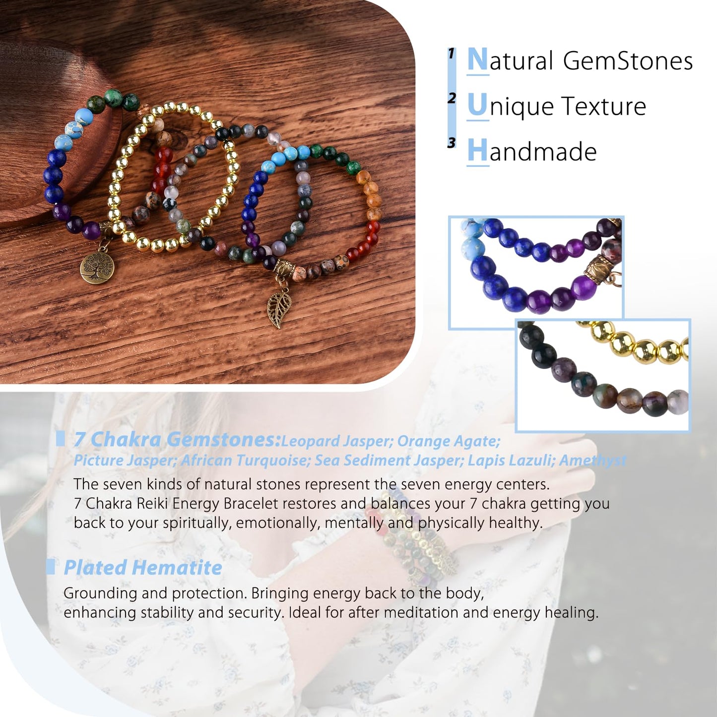 JTK Design Natural Semi Precious Gemstone beads bracelet for women Seven Chakra Healing Crystal Stretch Stackable Bracelets with Yoga Charms 4in1 set