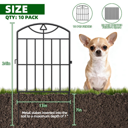 BOWDIMS,10 Panels Outdoor Decorative Garden Fence, 10.5 （ft） L x 24 (in) H, Black Rustproof Metal Wire Panel Barrier Fence, Animal Barrier Fence, for Landscaping and Yard Decoration