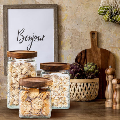 Gerrii 5 Pcs Vintage Glass Food Storage Containers 17/24/34 oz Glass Jar with Lid Airtight Candy Food Canisters for Kitchen Counter Pantry Coffee Beans(Clear,Begonia Square)