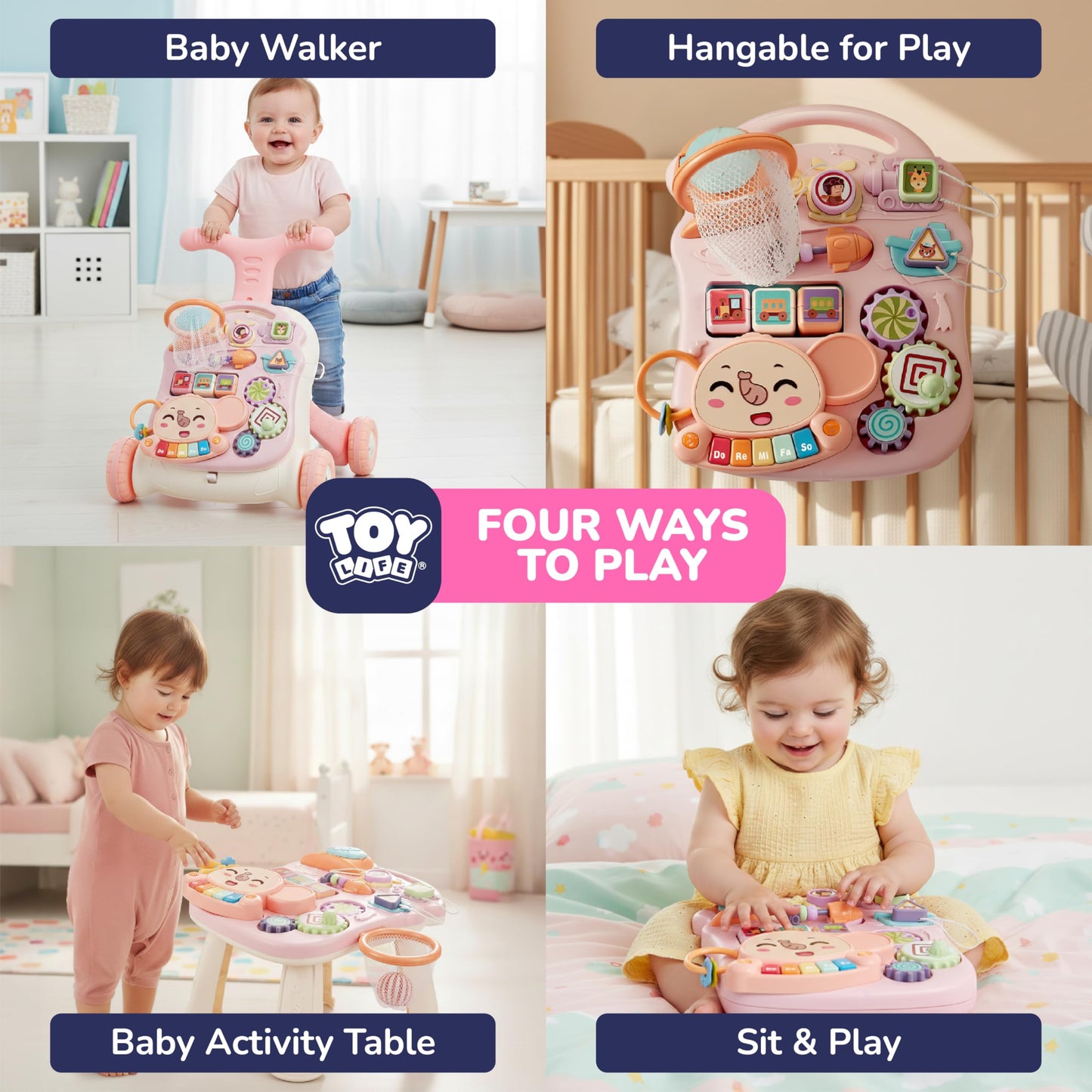 TOY Life 3 in 1 Baby Push Walker and Activity Center for Girl, Sit to Stand Walker for Babies 6-12 Months, Walking Toys with Music Panel for Infants and Toddlers Learning to Walk Pink