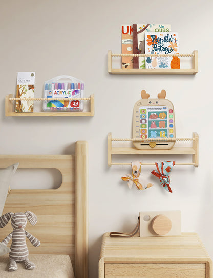 Maxpeuvon Nursery Floating Shelves for Wall, Set of 3 Book Shelves Natural Wood Wall Mounted Organizer with Towel Bar Hanging Bookshelves Nursery Decor for Kids Room, Bedroom and Kitchen