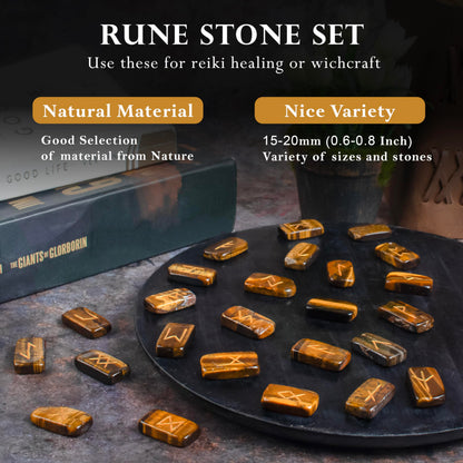 Crocon Tiger Eye Rectangle Shape Gemstone Runes with Elder Futhark Alphabet Engraved 25 pcs Rune Set Crystal Divination Metaphysical Healing Chakra Reiki Runes Set with a Pouch Size : 20-25mm