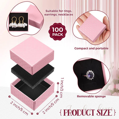 Landical 100 Pcs Jewelry Ring Gift Box 2'' x 2'' x 1'' Small Cardboard Earring Ring Gift Box with Velvet and Sponge Liner Pendant Case Bulk for Necklace Bracelet Earring Display Wedding (Pink)
