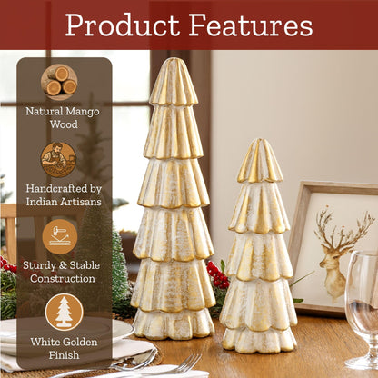 Mie Creations Christmas Tree Figurines, Set of 2 Wooden Decorative Trees for Home, Living Room, Table Centerpiece, Fireplace Mantel, Xmas Indoor Decor, Elegant White & Gold Christmas Trees-11,8 inch