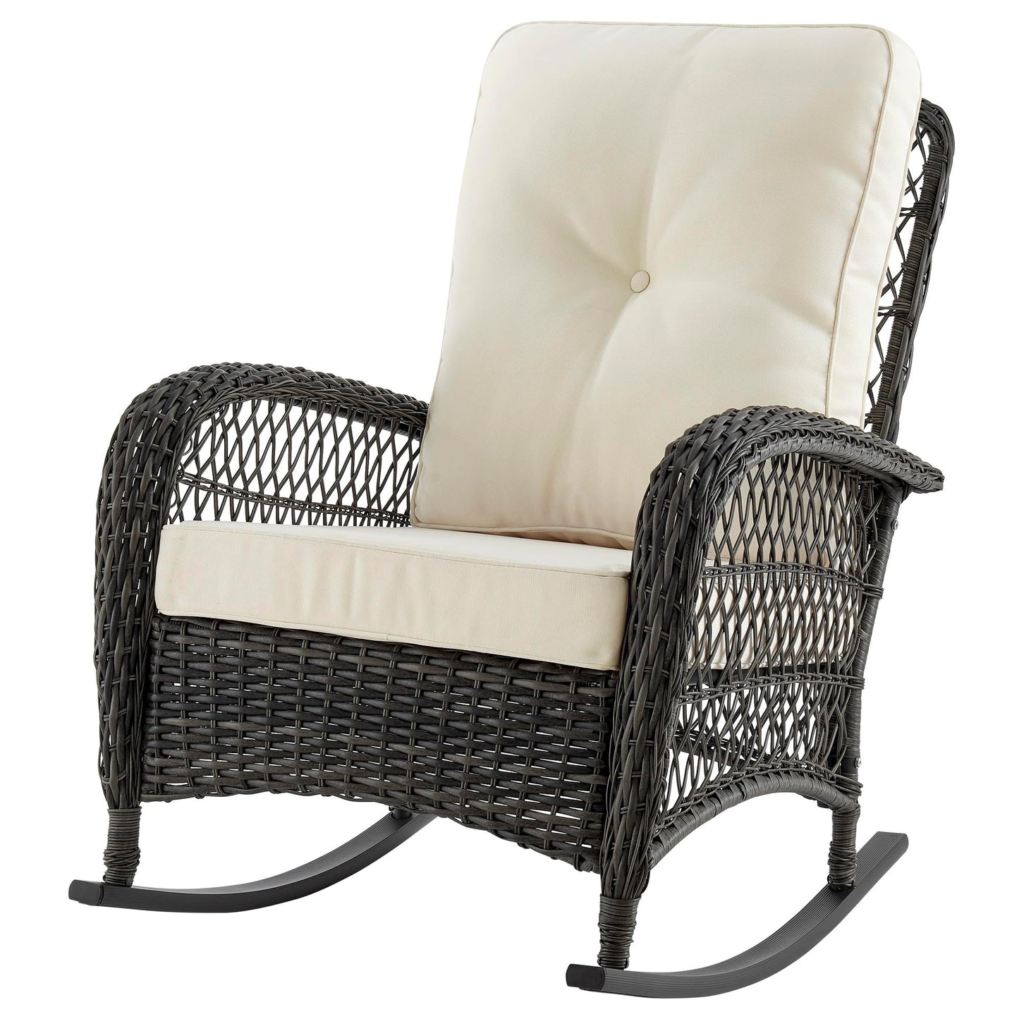 Manhattan Comfort Fruttuo Outdoor Rocking Chair with Removable Waterproof Cushions, Made of Steel Rattan, Weather-Resistant Patio Rocker with Curved Edge and Sturdy Steel Frame, Cream