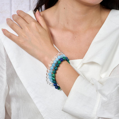 Bivei 3-Piece 4mm Beaded Bracelets for Women - Chrysocolla, Clear Quartz, Aquamarine - Handmade Natural Crystal Stretch Elastic Jewelry Yoga Meditation Protection Gifts