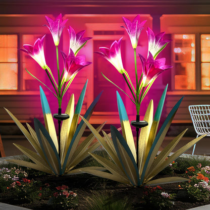 Homight Solar Metal Agave Lily Flower Garden Sculpture with LED Lights 30.3 Inch Waterproof Outdoor/Indoor Yard Decor Handmade Lawn Ornament Gift for Family Friends (2, Blue)