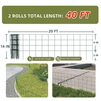 PROWORX Decorative Garden Fence Border Rolls, Total 14 in x 40 ft 2 Pack Metal Folding Flat Wire Fencing for Yard, Green PVC Coated Outdoor Patio Landscape Flower Bed Edging