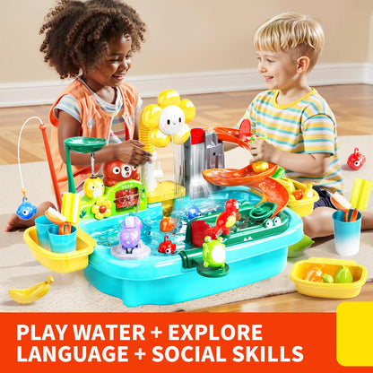 Pupu Pig Water Table Play Sink Toys for Toddlers, Kids Play Kitchen Sink with Running Water, 360° Electric Faucet, Floating Fishing Game, Sensory Water Table Toys for Boys Girls Summer Gifts