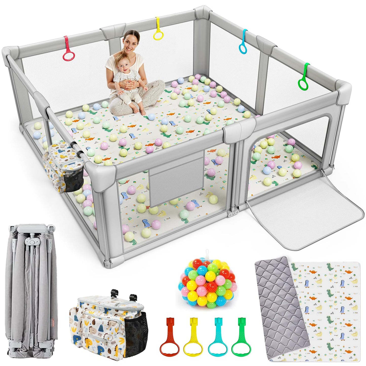 Adotocam Foldable Baby Playpen with Mat, 71"x59" Playpen for Babies and Toddlers, Large Collapsible Play Pen, Portable Safe Play Yard with Gate, Breathable Mesh, Anti-Fall