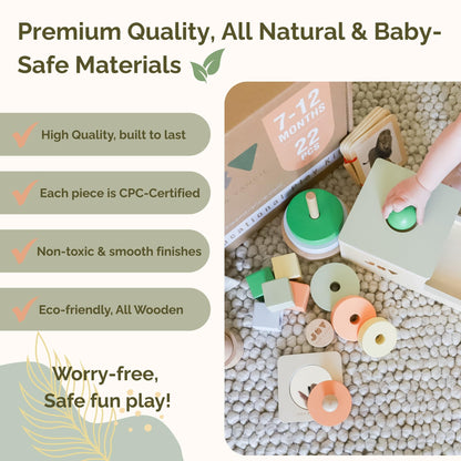 Jackie & Vancie Montessori Toy Set for Babies 7-12 Months Play Kit 6-in-1 Wooden Learning Toys with Object Permanence Box, Ring Stacker, Egg & Cup, Multipurpose Blocks and Mirror Puzzle