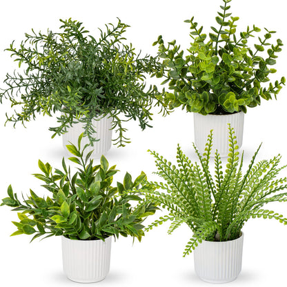 Hollyone 4 Pack Artificial Potted Plants Eucalyptus Rosemary Boston Fern ZZ Plant Fake Plant in Pot Small Faux Plant Greenery Aesthetic Indoor Home Decor Bathroom Bedroom Table Shelf Office