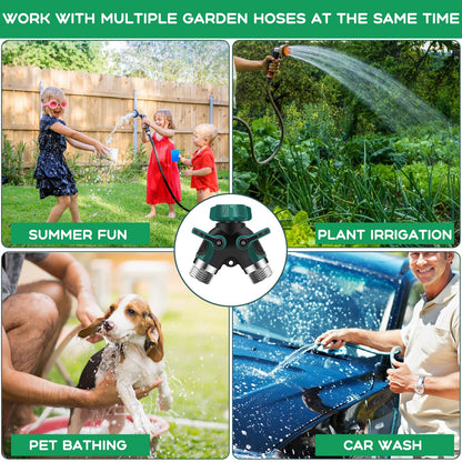 Garden Hose Splitter 2 Way, 3/4" Y Water Hose Splitter with Comfort Rubber Long Handle, Faucet Splitter, Heavy Duty Metal Connector with 2 Kink Free Faucet Extension Hose Protector