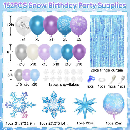 Amandir 162PCS Snow Birthday Party Supplies, Snow Balloon Garland Arch Kit Fringe Curtain Blue Purple Snowflake Confetti Balloons Princess Winter Wonderland Girl Baby Party Decorations