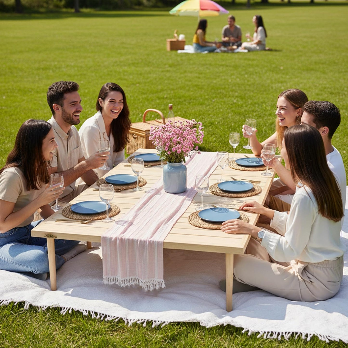 Hahafelt 2 Set Low Picnic Table, Foldable Boho Picnic Table with Extra Large Outdoor Camping Blanket Portable Boho Wood BBQ Tables for Camping Wedding Beach BBQ Party (44.1''x22.1''x12.9'',Wood Color)