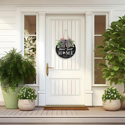 Welcome Sign for Front Door, Wooden Home Sweet Home Decor Outdoor, 3D Farmhouse Hanging Door Wreath with Artificial Greenery, Porch Welcome Sign Hanger All Year Round (Black)