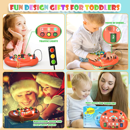 JIWORT Montessori Busy Board for 1 Year Old, Busy Board with LED Light, Baby Sensory Board Toddler Travel Toys for Kids Preschool Learning Activities Boys & Girls Birthday (Orange)