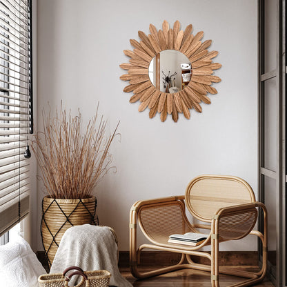 Emfogo Wall Mirror 21 inch Rustic Wood Sunburst Boho Mirror Wall Decor Home Decor for Bedroom Living Room Entryway Farmhouse (Carbonized Black)
